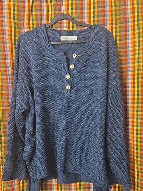 Free People Beach Hailee Oversized Henley Sweater Blue Sz L